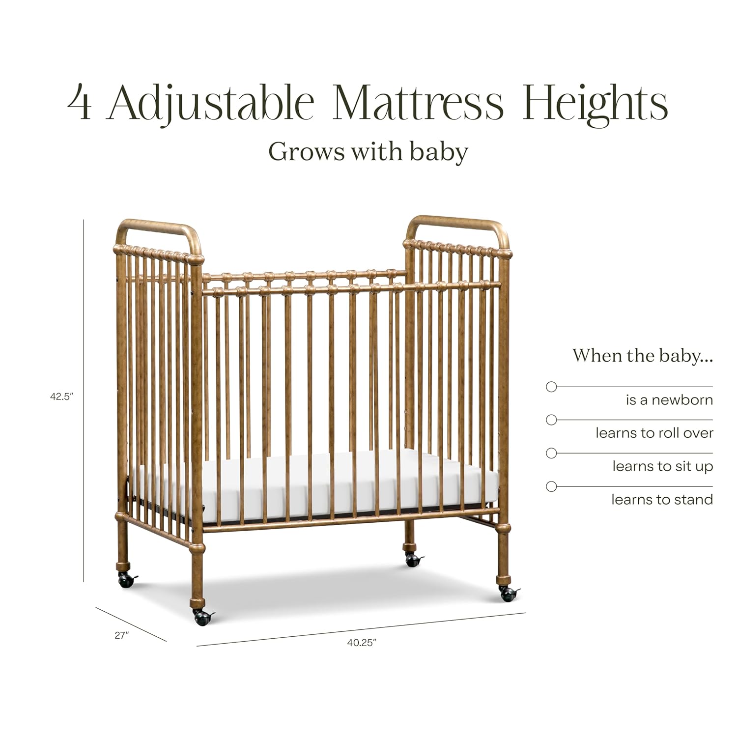 NAMESAKE Abigail 3-in-1 Portable Baby Crib with Wheels - Metal Baby Bed w/ 4 Adjustable Mattress Heights, for Small Spaces - Gold NAMESAKE Abigail 3-in-1 Portable Baby Crib with Wheels - GREENGUARD Gold Certified Convertible Crib to Toddler Bed & Daybed - Metal Baby Bed w/ 4 Adjustable Mattress Heights, for Small Spaces - Gold