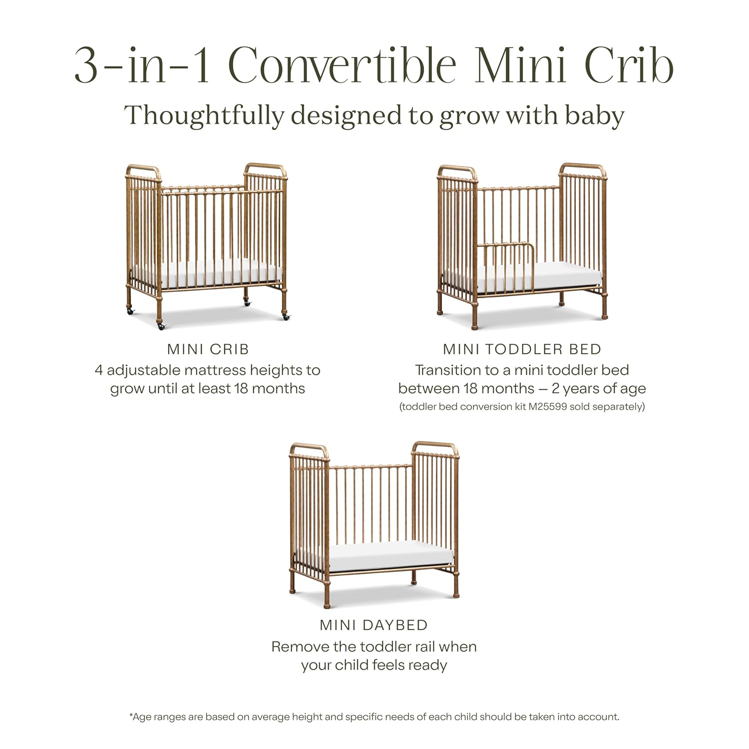 NAMESAKE Abigail 3-in-1 Portable Baby Crib with Wheels - Metal Baby Bed w/ 4 Adjustable Mattress Heights, for Small Spaces - Gold NAMESAKE Abigail 3-in-1 Portable Baby Crib with Wheels - GREENGUARD Gold Certified Convertible Crib to Toddler Bed & Daybed - Metal Baby Bed w/ 4 Adjustable Mattress Heights, for Small Spaces - Gold