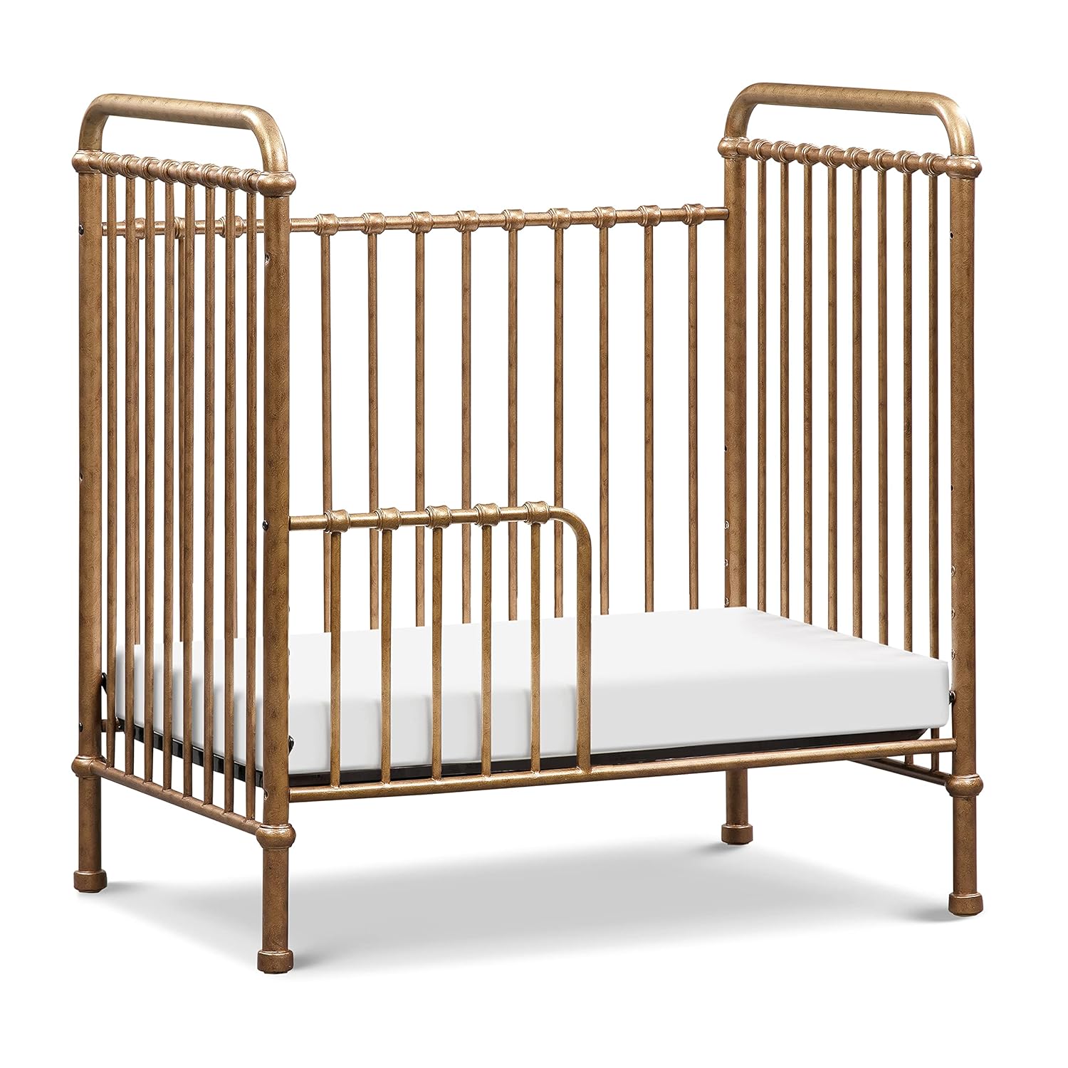 NAMESAKE Abigail 3-in-1 Portable Baby Crib with Wheels - Metal Baby Bed w/ 4 Adjustable Mattress Heights, for Small Spaces - Gold NAMESAKE Abigail 3-in-1 Portable Baby Crib with Wheels - GREENGUARD Gold Certified Convertible Crib to Toddler Bed & Daybed - Metal Baby Bed w/ 4 Adjustable Mattress Heights, for Small Spaces - Gold