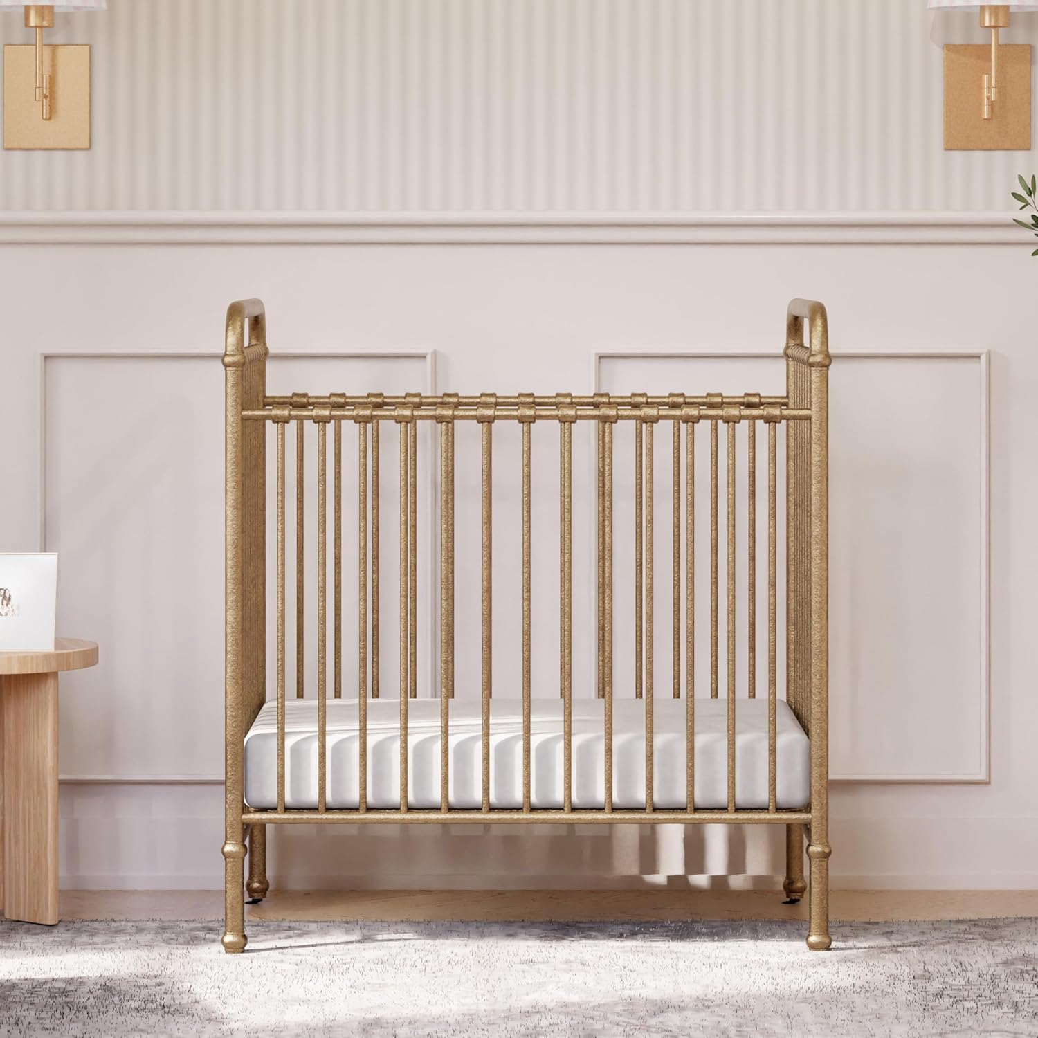 NAMESAKE Abigail 3-in-1 Portable Baby Crib with Wheels - Metal Baby Bed w/ 4 Adjustable Mattress Heights, for Small Spaces - Gold NAMESAKE Abigail 3-in-1 Portable Baby Crib with Wheels - GREENGUARD Gold Certified Convertible Crib to Toddler Bed & Daybed - Metal Baby Bed w/ 4 Adjustable Mattress Heights, for Small Spaces - Gold