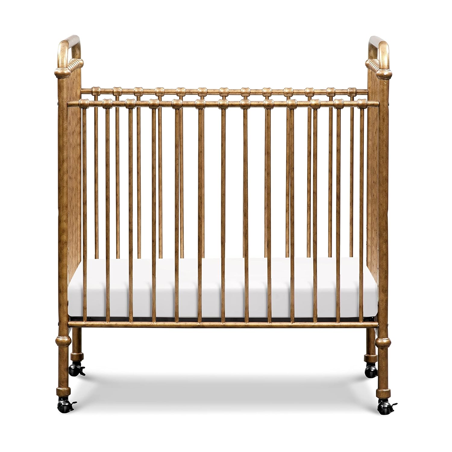 NAMESAKE Abigail 3-in-1 Portable Baby Crib with Wheels - Metal Baby Bed w/ 4 Adjustable Mattress Heights, for Small Spaces - Gold NAMESAKE Abigail 3-in-1 Portable Baby Crib with Wheels - GREENGUARD Gold Certified Convertible Crib to Toddler Bed & Daybed - Metal Baby Bed w/ 4 Adjustable Mattress Heights, for Small Spaces - Gold