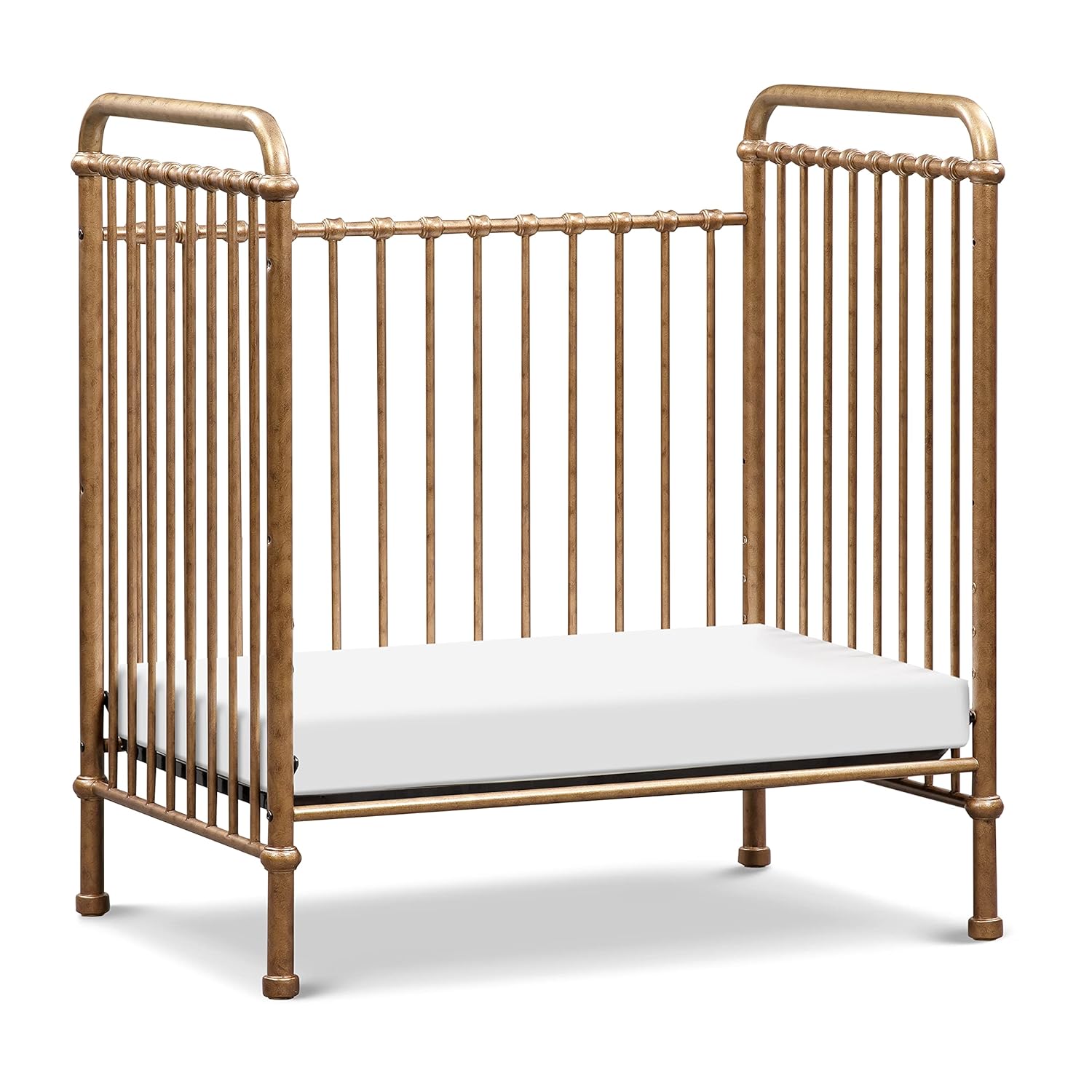 NAMESAKE Abigail 3-in-1 Portable Baby Crib with Wheels - Metal Baby Bed w/ 4 Adjustable Mattress Heights, for Small Spaces - Gold NAMESAKE Abigail 3-in-1 Portable Baby Crib with Wheels - GREENGUARD Gold Certified Convertible Crib to Toddler Bed & Daybed - Metal Baby Bed w/ 4 Adjustable Mattress Heights, for Small Spaces - Gold
