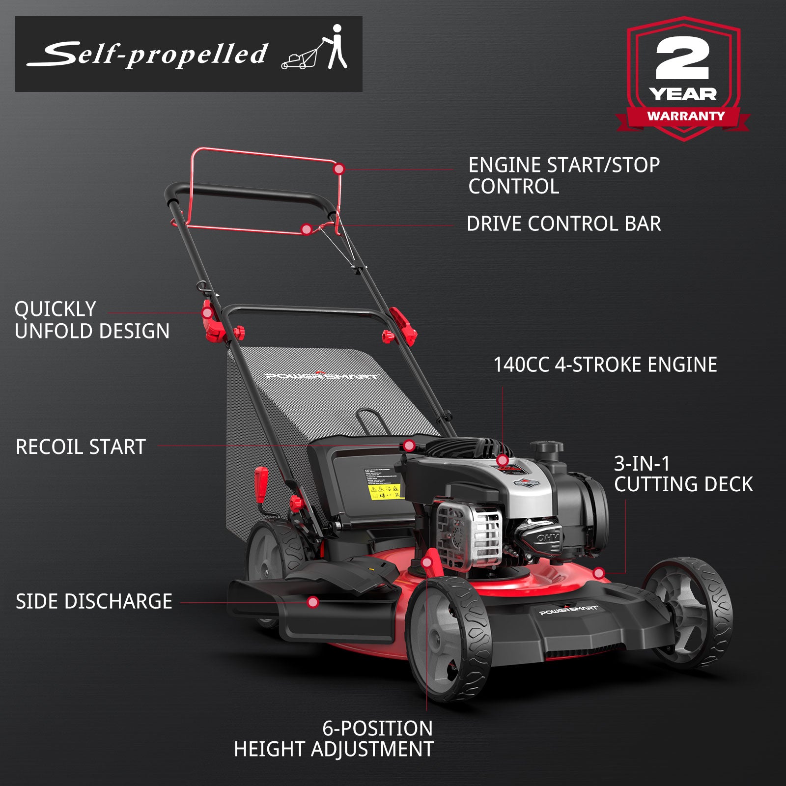 Powersmart 21" 140cc Gas Self-Propelled Lawn Mower with Briggs & Stratton Engine HB8622S Powersmart 21" 140cc Gas Self-Propelled Lawn Mower with Briggs & Stratton Engine HB8622S - Image 2