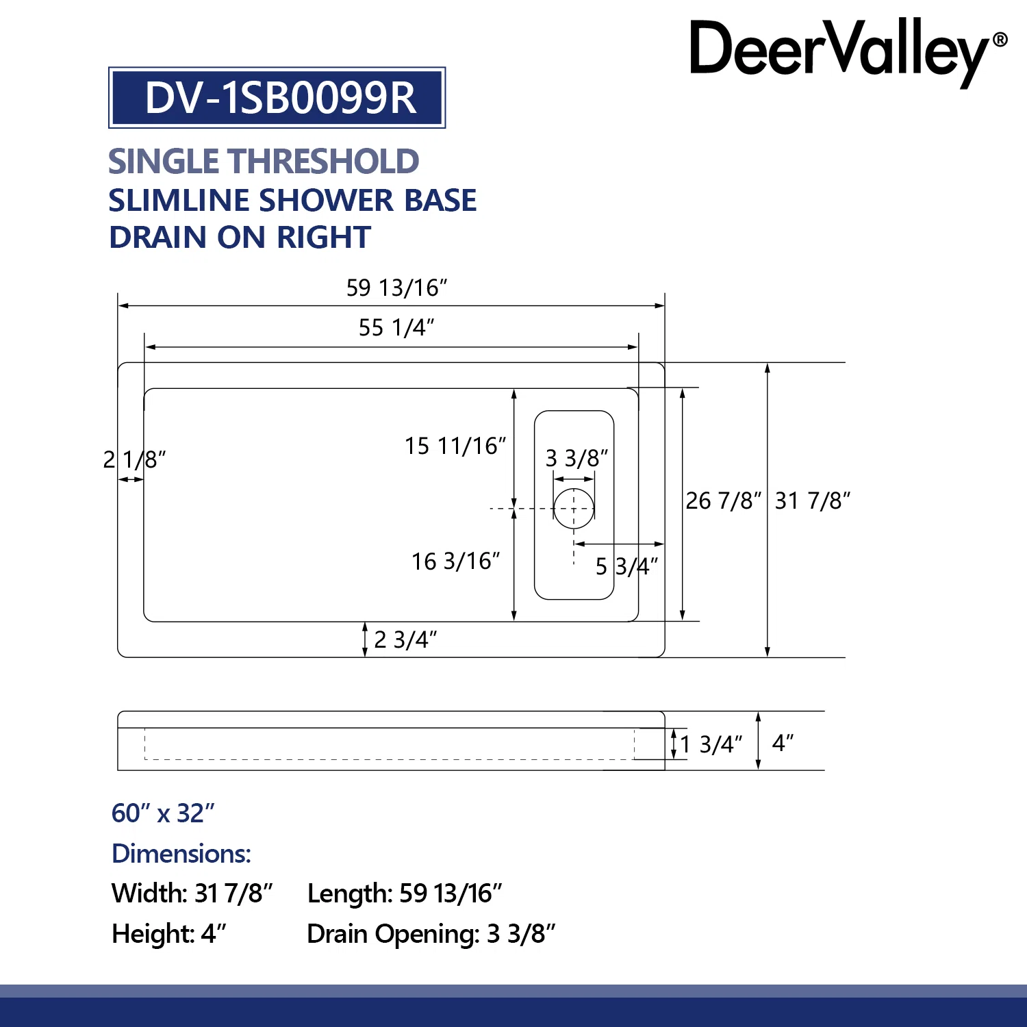 DeerValley 60" x 32" White Shower Base with Drain Assembly and Drain Cover Included, Non-slip Shower Pan, Right DeerValley 60" x 32" White Shower Base with Drain Assembly and Drain Cover Included, Non-slip Shower Pan, Right - Image 3