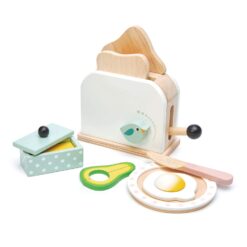 Tender Leaf Toys - Mini Chef Breakfast Toaster Set - 10 Pcs Classic Wooden Pop Up Toaster Toy for Pretend Cooking - Age 3+