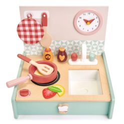 Tender Leaf Toys - Mini Chef Kitchenette - Foldable Portable Wooden Kitchen with Accessories for Pretend Cooking - Age 3+