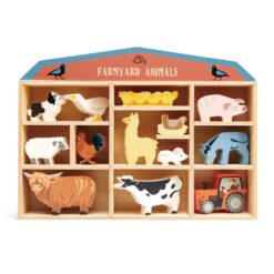 Tender Leaf Toys Farmyard Animals “ 13 Wooden Country Farm Figurines with a Display Shelf - Ages 3+ Years