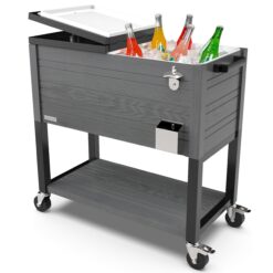 Permasteel 80-Quart Rolling Patio Cooler with Wood Grain Finish – Outdoor Beverage Cooler with Wheels, Gray