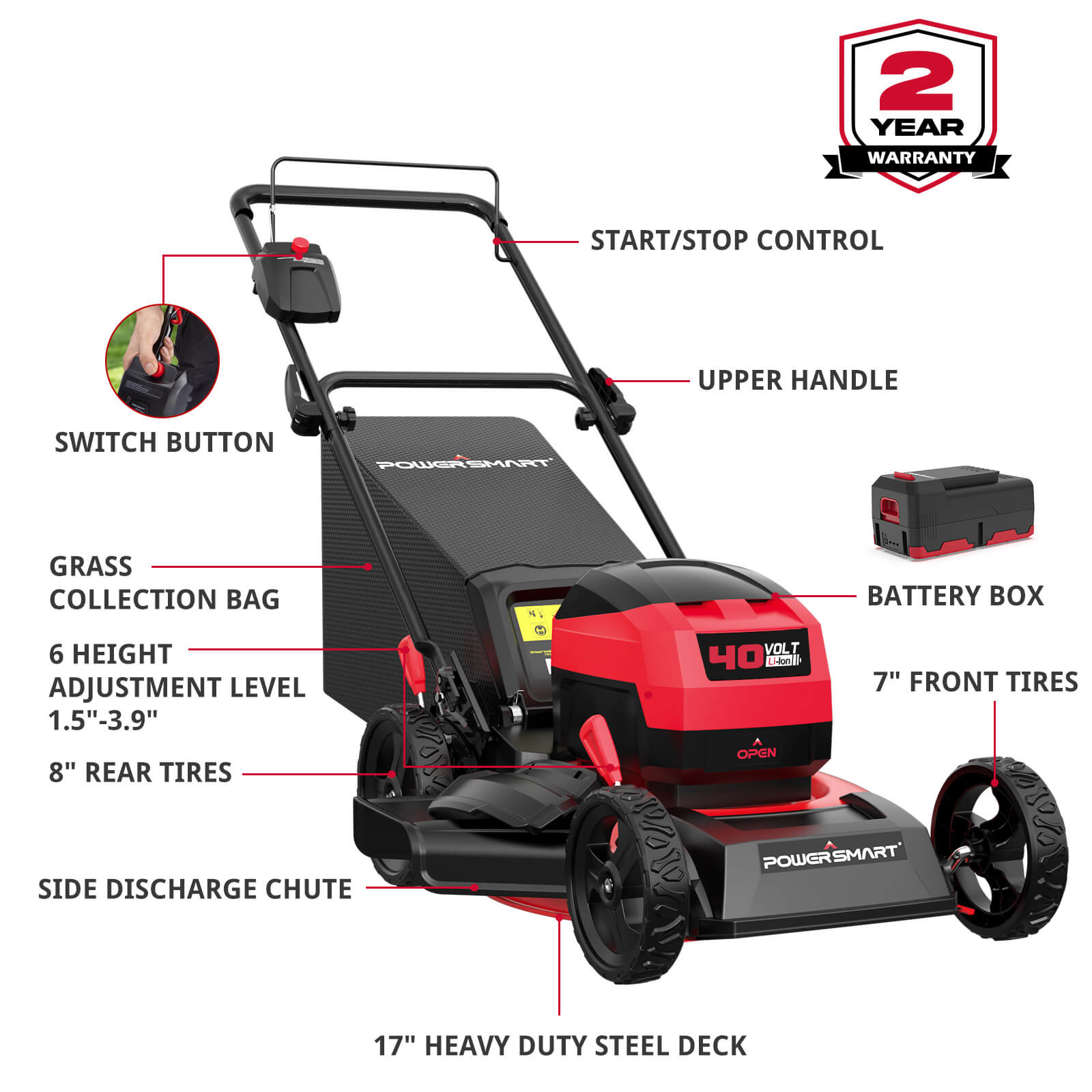 Powersmart 40V 17" Cordless Push Lawn Mower w/ 4.0Ah Battery & Charger MB2418A Powersmart 40V 17" Cordless Push Lawn Mower w/ 4.0Ah Battery & Charger MB2418A - Image 2