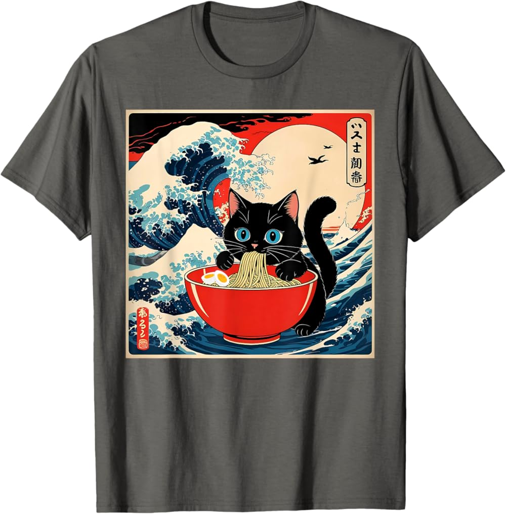 Ramen Cat Tee, Funny Japanese Noodle Cat Wave Art T Shirt Ramen Cat Tee, Funny Japanese Noodle Cat Wave Art T Shirt - Image 13