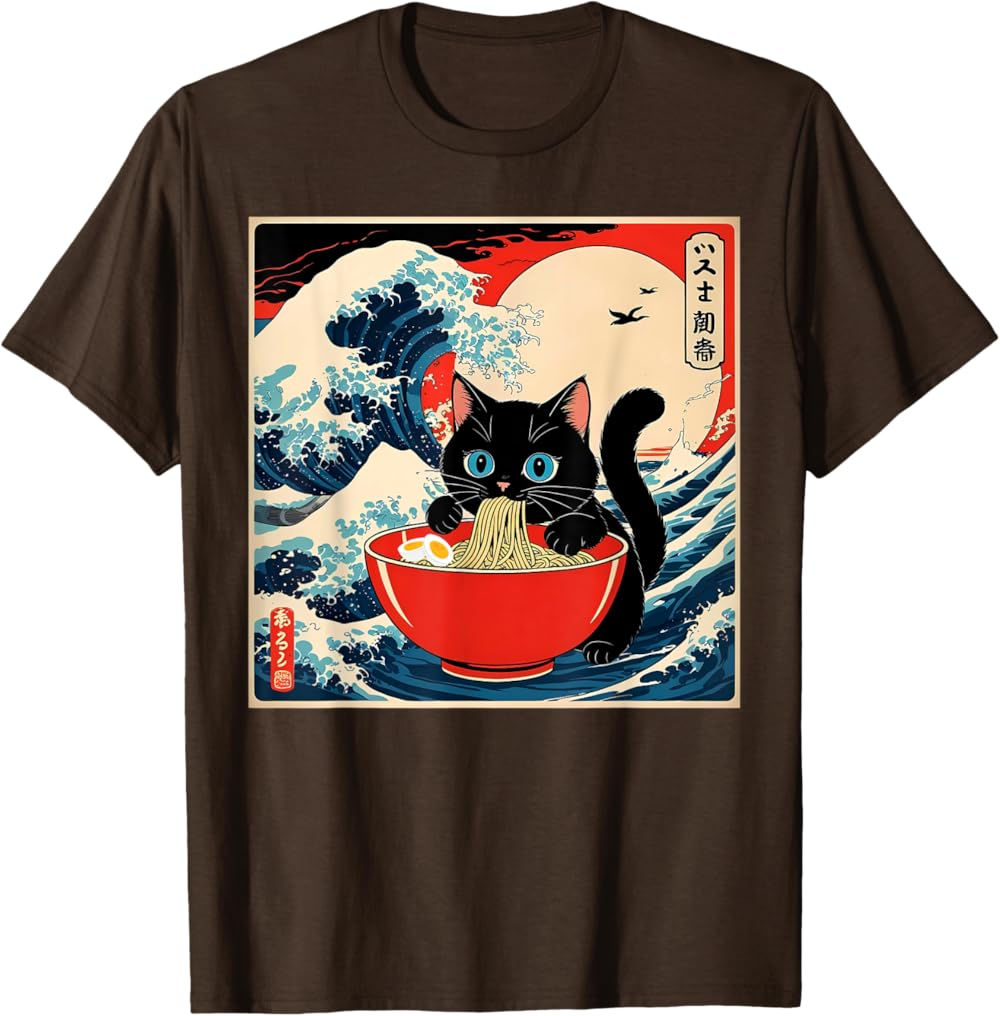 Ramen Cat Tee, Funny Japanese Noodle Cat Wave Art T Shirt Ramen Cat Tee, Funny Japanese Noodle Cat Wave Art T Shirt - Image 15