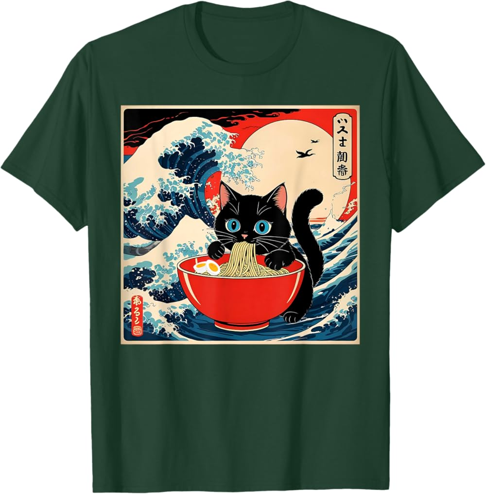 Ramen Cat Tee, Funny Japanese Noodle Cat Wave Art T Shirt Ramen Cat Tee, Funny Japanese Noodle Cat Wave Art T Shirt - Image 16