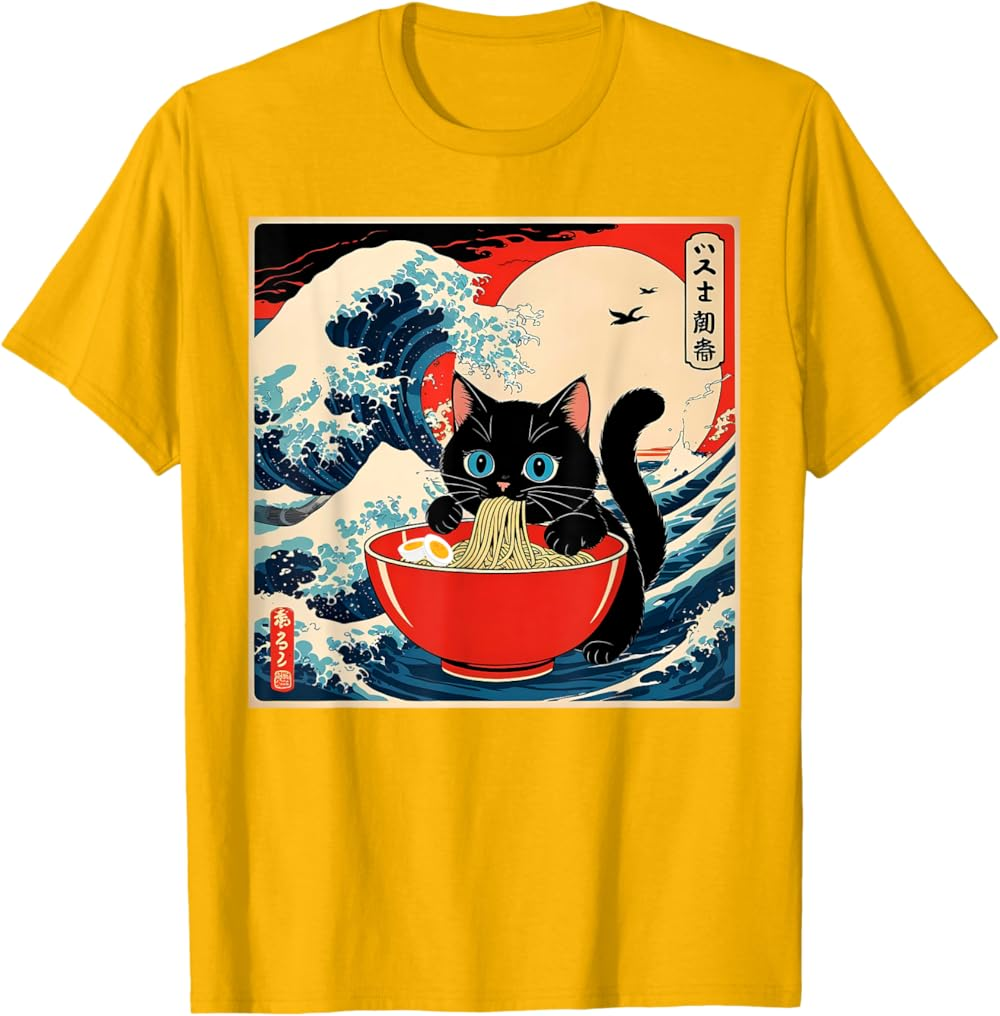Ramen Cat Tee, Funny Japanese Noodle Cat Wave Art T Shirt Ramen Cat Tee, Funny Japanese Noodle Cat Wave Art T Shirt - Image 17