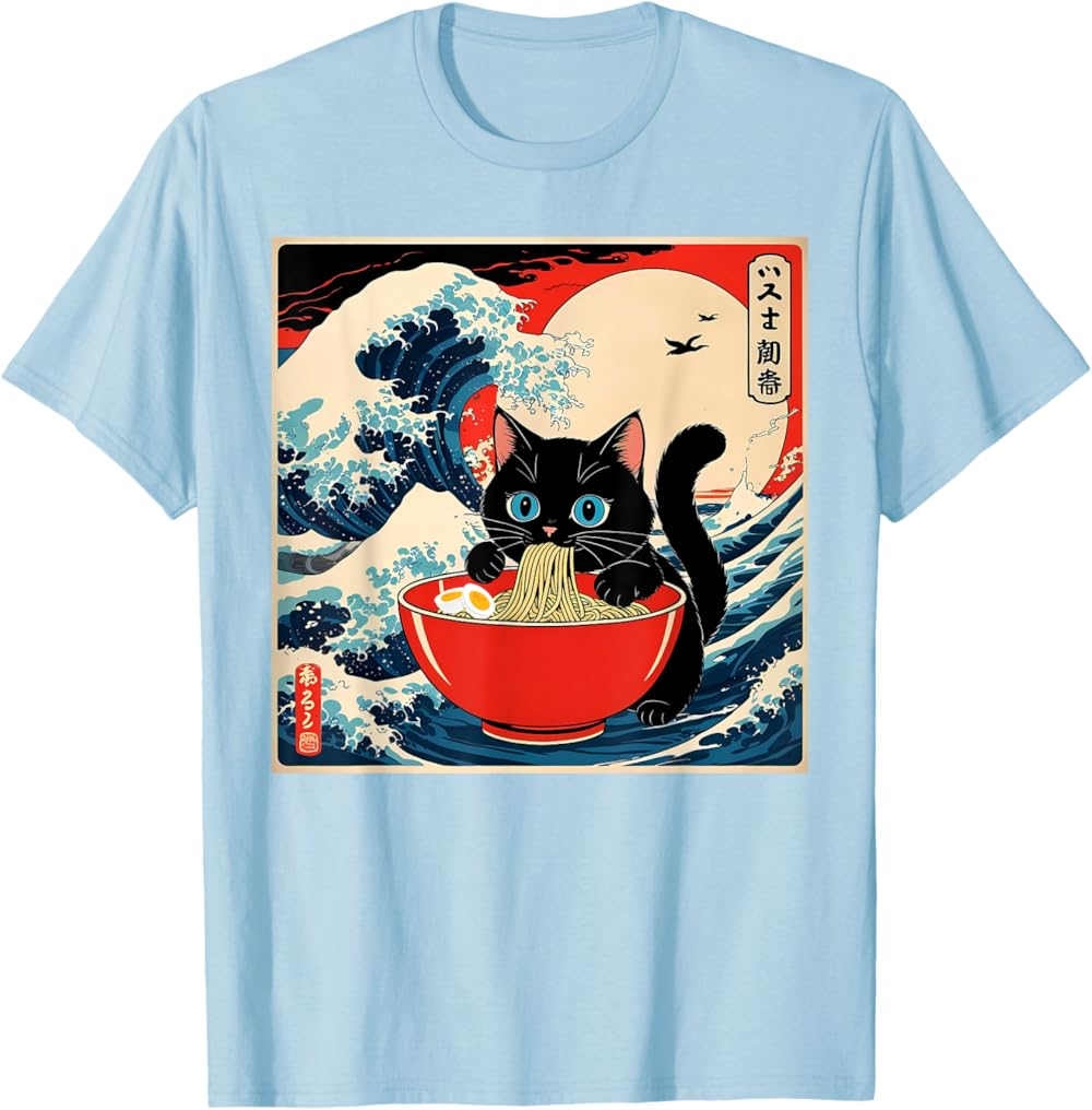 Ramen Cat Tee, Funny Japanese Noodle Cat Wave Art T Shirt Ramen Cat Tee, Funny Japanese Noodle Cat Wave Art T Shirt - Image 2