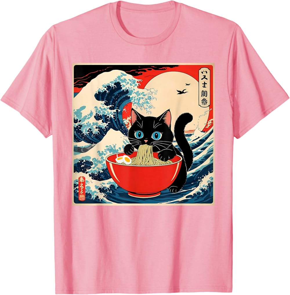 Ramen Cat Tee, Funny Japanese Noodle Cat Wave Art T Shirt Ramen Cat Tee, Funny Japanese Noodle Cat Wave Art T Shirt - Image 3