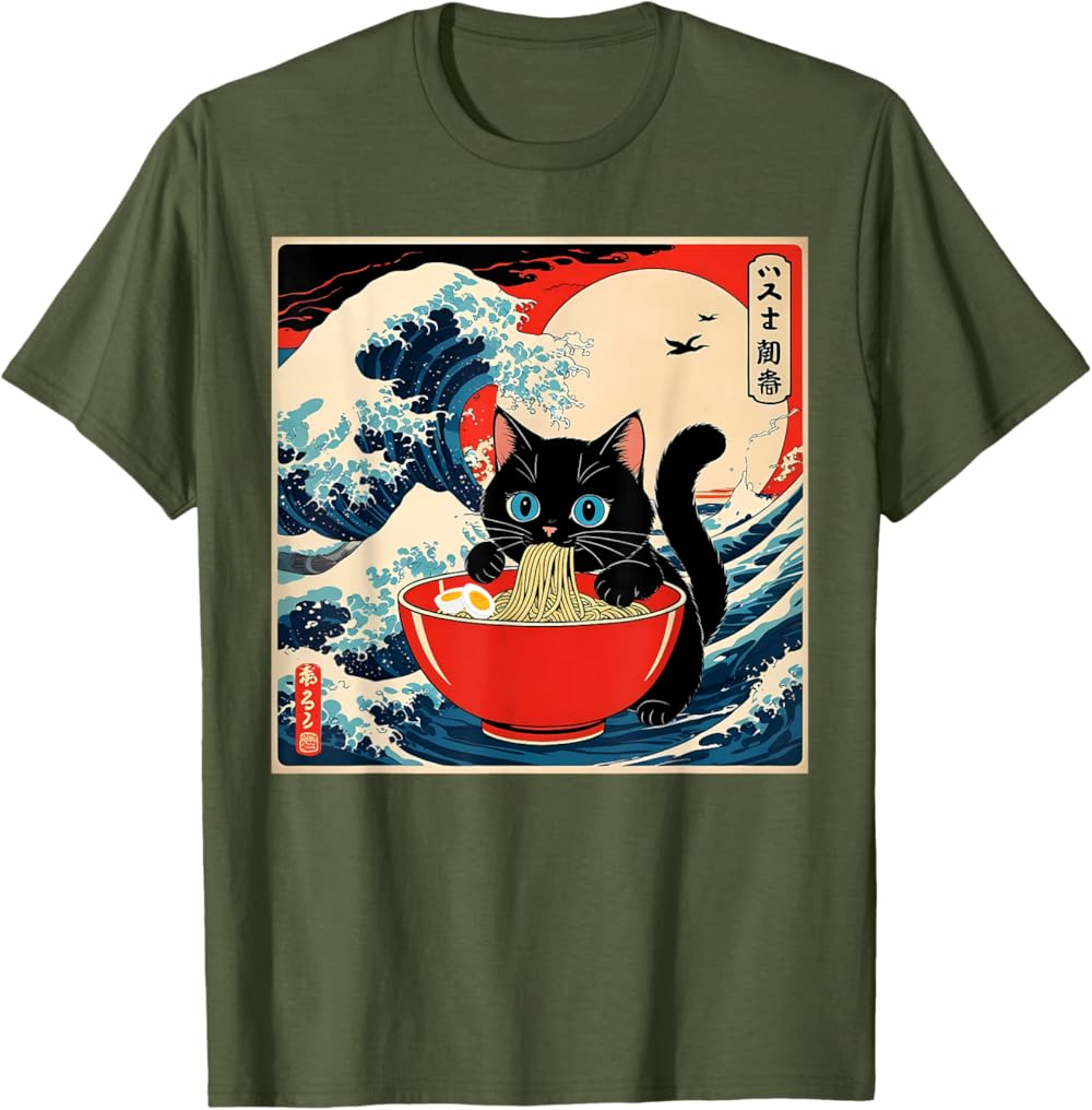 Ramen Cat Tee, Funny Japanese Noodle Cat Wave Art T Shirt Ramen Cat Tee, Funny Japanese Noodle Cat Wave Art T Shirt - Image 5
