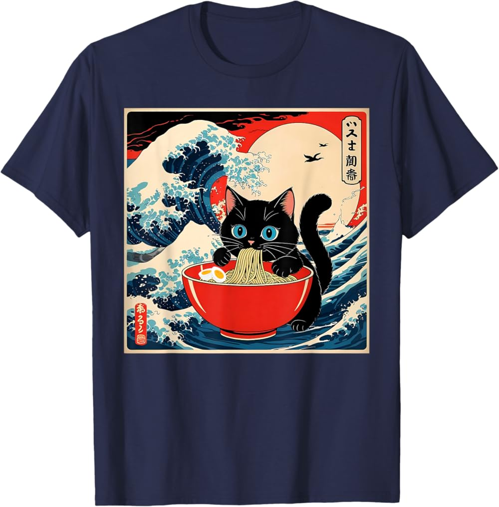 Ramen Cat Tee, Funny Japanese Noodle Cat Wave Art T Shirt Ramen Cat Tee, Funny Japanese Noodle Cat Wave Art T Shirt - Image 6