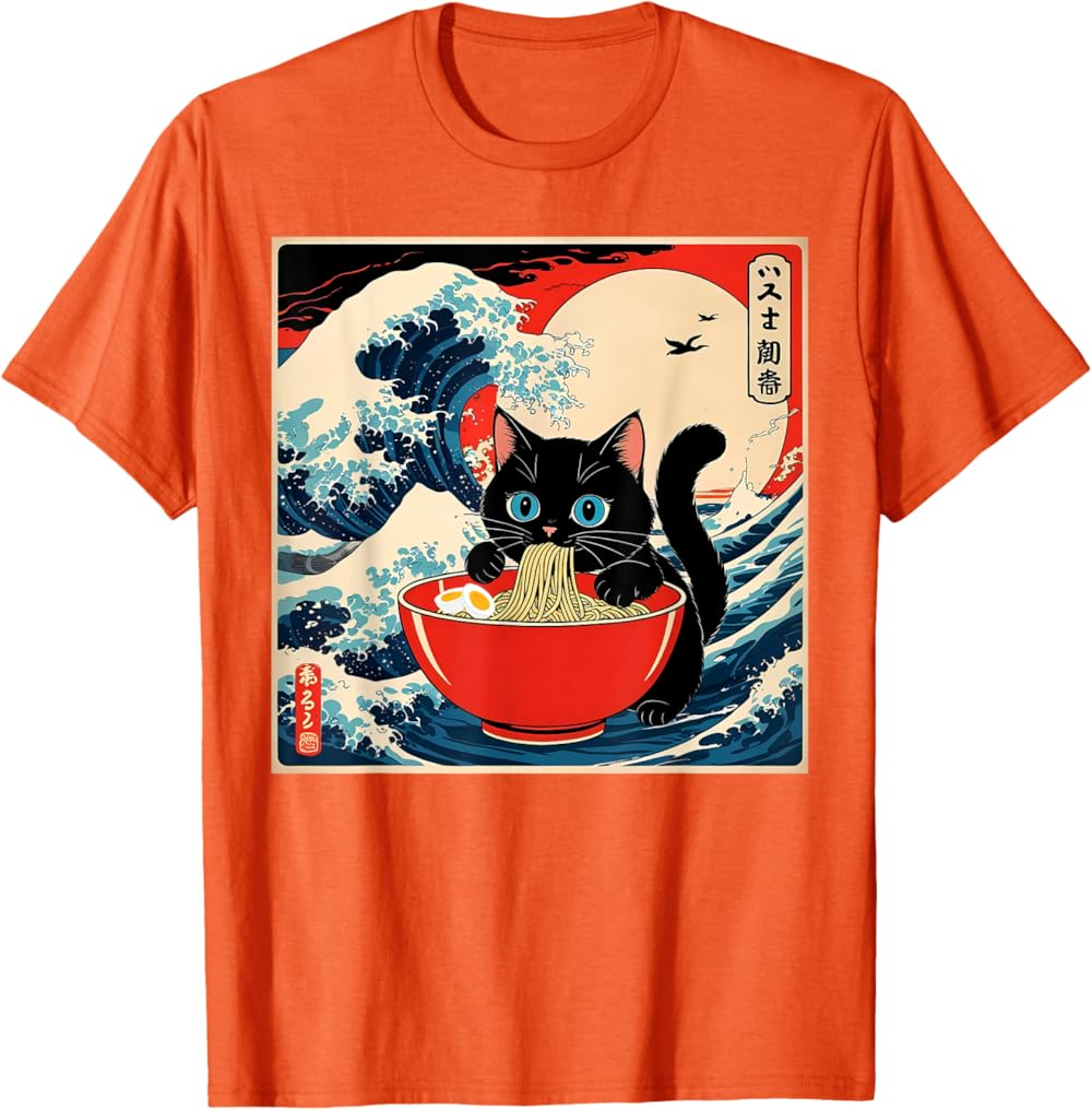 Ramen Cat Tee, Funny Japanese Noodle Cat Wave Art T Shirt Ramen Cat Tee, Funny Japanese Noodle Cat Wave Art T Shirt - Image 7