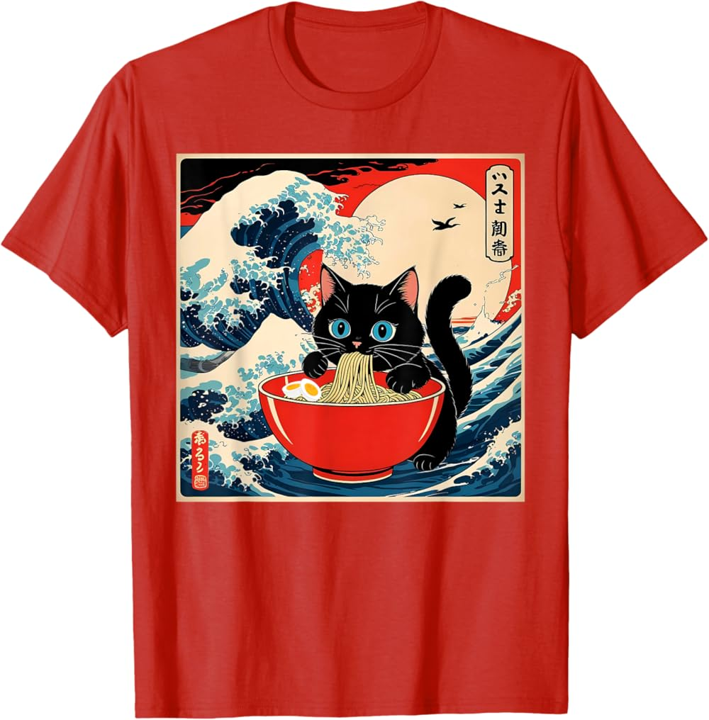 Ramen Cat Tee, Funny Japanese Noodle Cat Wave Art T Shirt Ramen Cat Tee, Funny Japanese Noodle Cat Wave Art T Shirt - Image 9