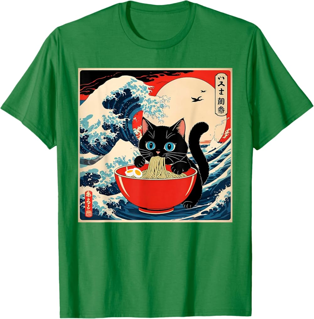 Ramen Cat Tee, Funny Japanese Noodle Cat Wave Art T Shirt Ramen Cat Tee, Funny Japanese Noodle Cat Wave Art T Shirt - Image 10
