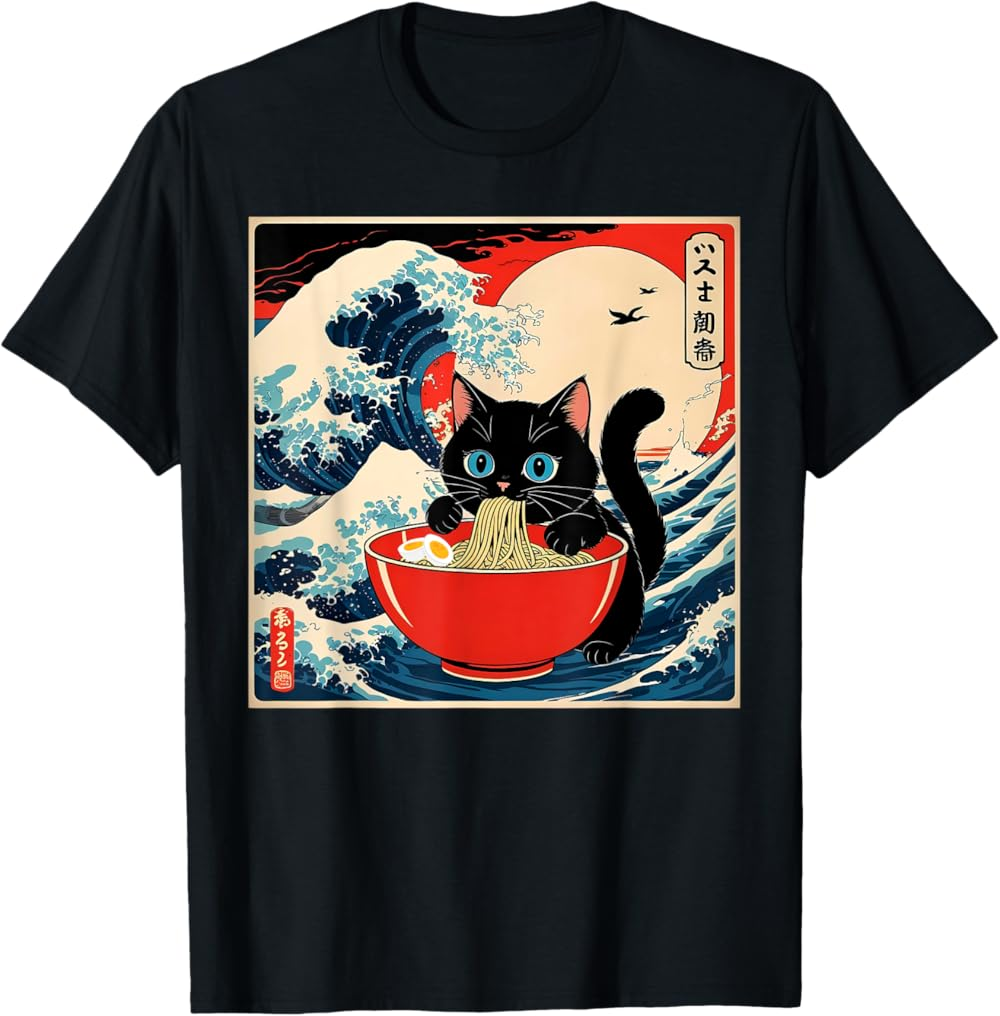 Ramen Cat Tee, Funny Japanese Noodle Cat Wave Art T Shirt Ramen Cat Tee, Funny Japanese Noodle Cat Wave Art T Shirt - Image 12