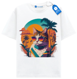 Tropical Sunset Cat Shirt, Cool Beach Cat T Shirt, Retro Cool Cat Shirt