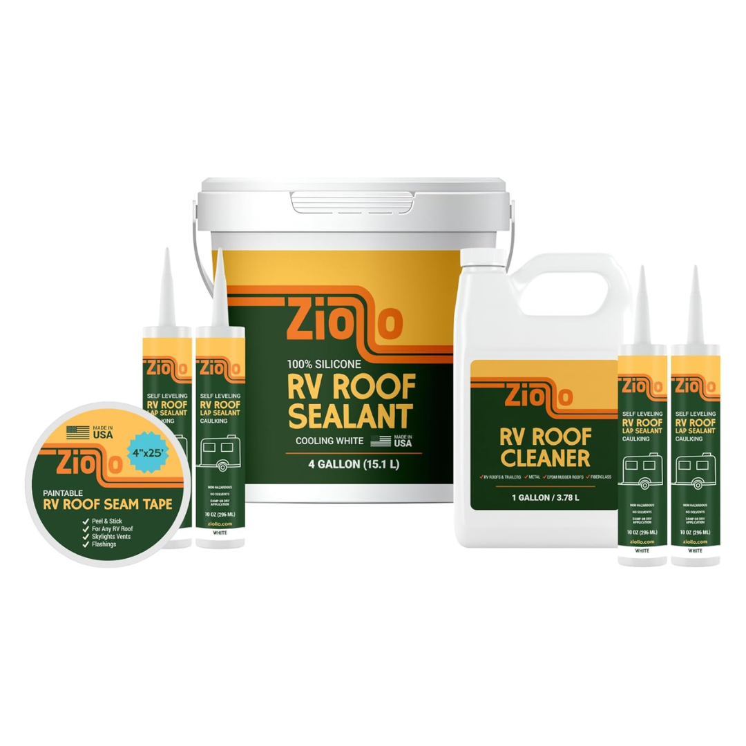 Ziollo RV 30 ft Roof Repair Kit - Roof Repair Kit to Seal and Waterproof, Bond to EPDM Rubber with Sealant Ziollo RV 30 ft Roof Repair Kit - Roof Repair Kit to Seal and Waterproof, Bond to EPDM Rubber with Sealant (1 Paintable Tape, 4 pk Caulking, 1 Cleaner and 4G Silicone Pail)