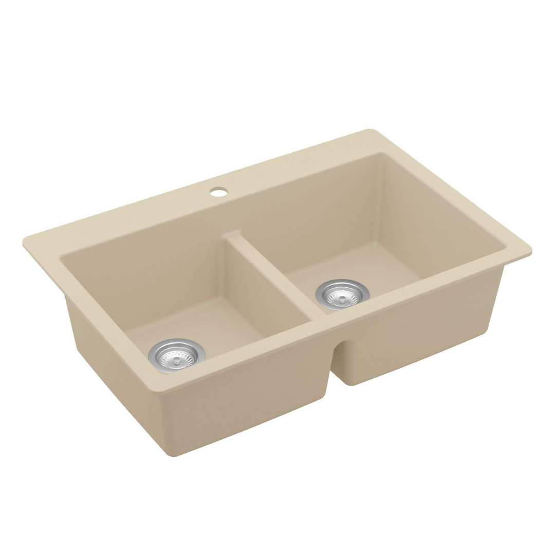 Karran QT-810 33" Top Mount Double Equal Bowl Quartz Kitchen Sink in Bisque Karran QT-810 33" Top Mount Double Equal Bowl Quartz Kitchen Sink in Bisque