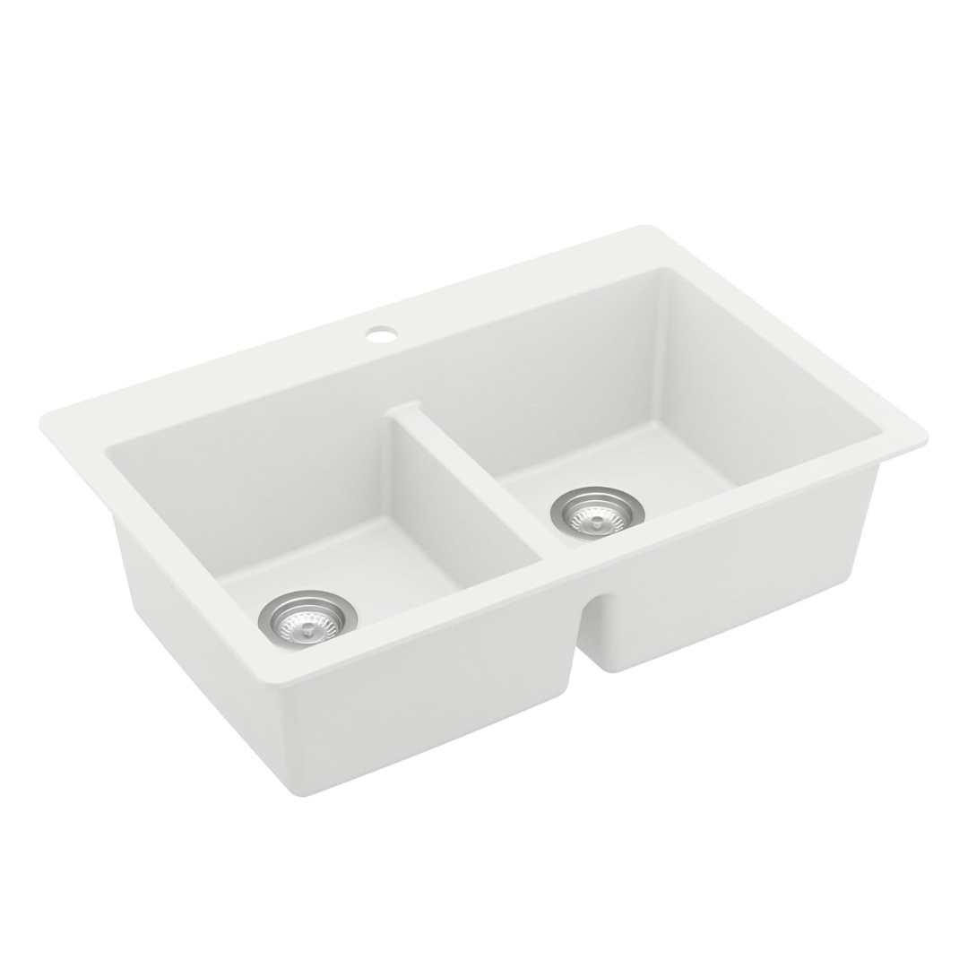 Karran QT-810 33"" Top Mount Double Equal Bowl Quartz Kitchen Sink in White Karran QT-810 33"" Top Mount Double Equal Bowl Quartz Kitchen Sink in White