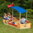 Wooden Pirate Sandbox with Canopy, Covered Kid's Sandbox, Blue & Red