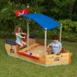 Wooden Pirate Sandbox with Canopy, Covered Kid's Sandbox, Blue & Red