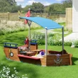 Wooden Pirate Sandbox with Canopy, Covered Kid's Sandbox, Blue & Red