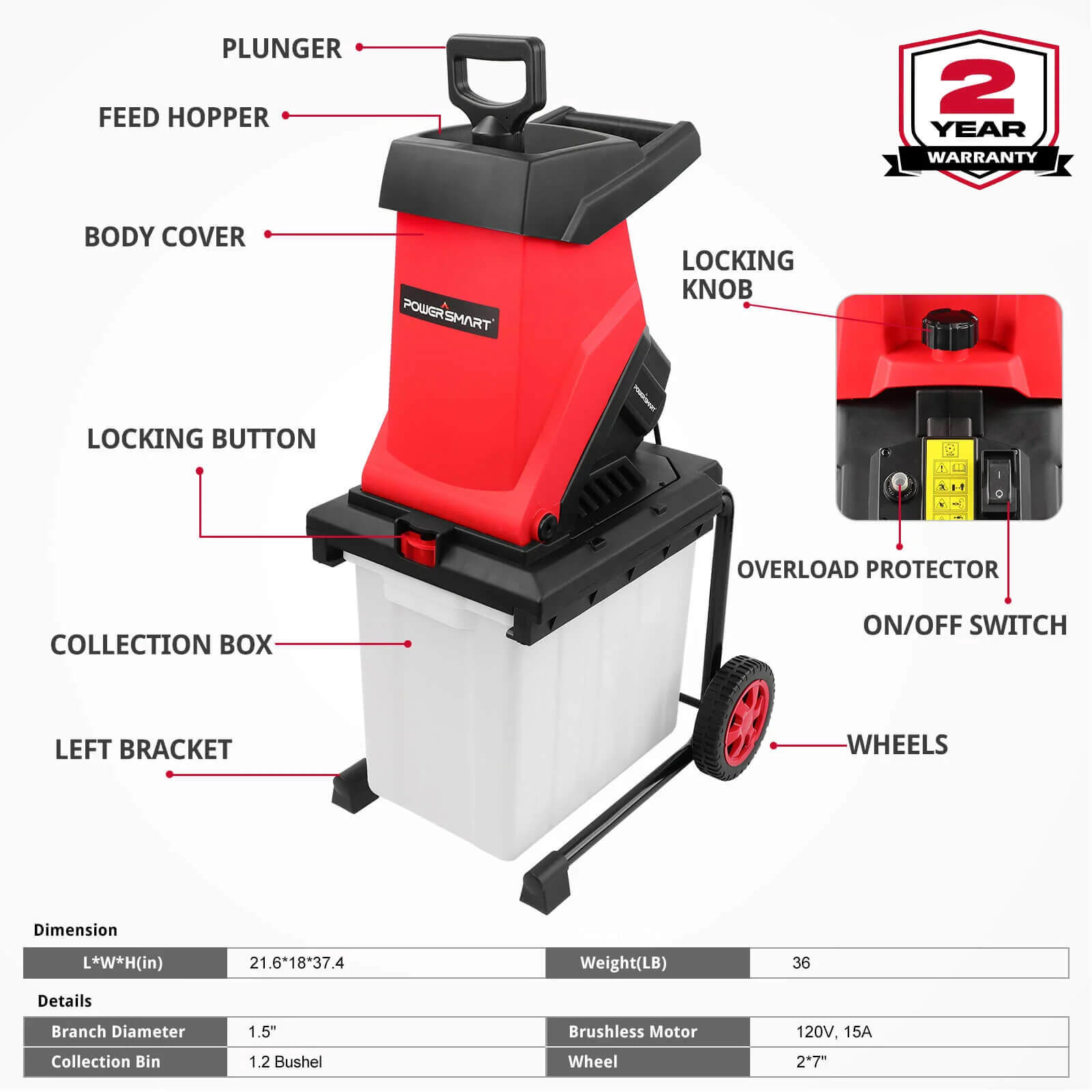 Powersmart 15Amp Electric Wood Chipper Leaf Mulcher w/ Collection Bin PS12A Powersmart 15Amp Electric Wood Chipper Leaf Mulcher w/ Collection Bin PS12A - Image 2