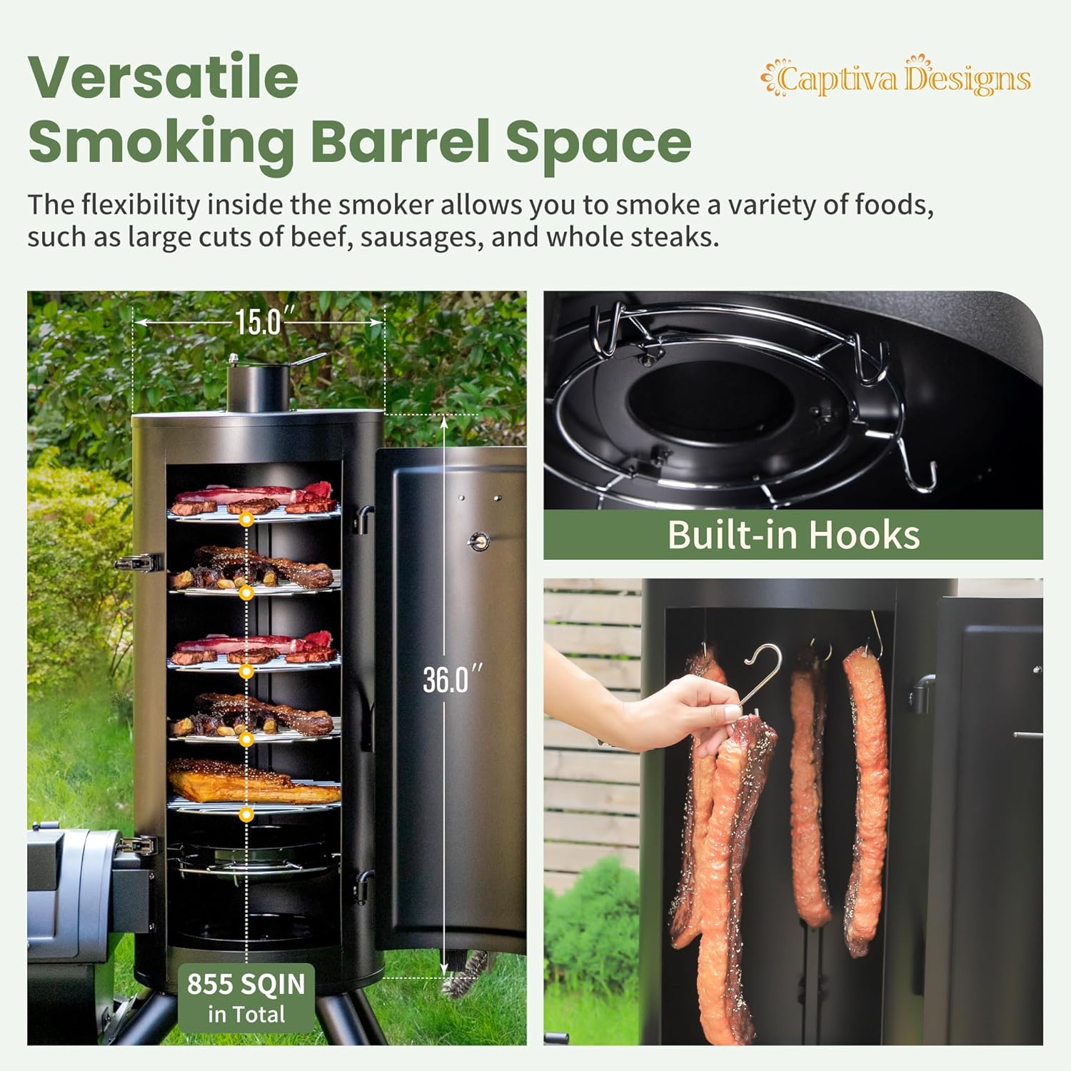 Captiva Designs Charcoal Vertical Smoker Grill and Offset Smoker Grill Combo, Extra Large Outdoor Barrel BBQ Meat Smoker Captiva Designs Charcoal Vertical Smoker Grill and Offset Smoker Grill Combo, Extra Large Outdoor Barrel BBQ Meat Smoker with 5 Removable Smoking Grates & Built-in Hooks for Various Meat Foods