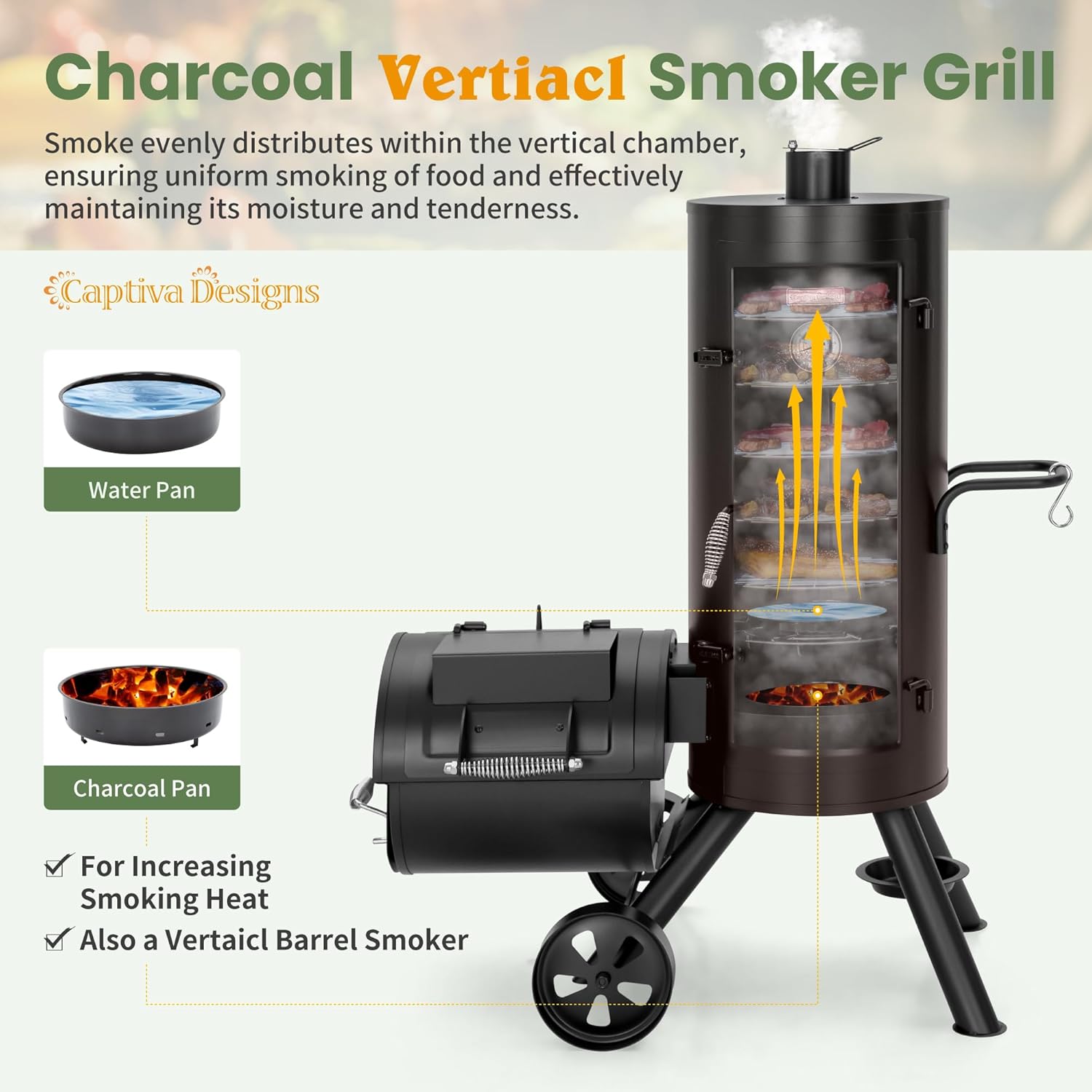 Captiva Designs Charcoal Vertical Smoker Grill and Offset Smoker Grill Combo, Extra Large Outdoor Barrel BBQ Meat Smoker Captiva Designs Charcoal Vertical Smoker Grill and Offset Smoker Grill Combo, Extra Large Outdoor Barrel BBQ Meat Smoker with 5 Removable Smoking Grates & Built-in Hooks for Various Meat Foods