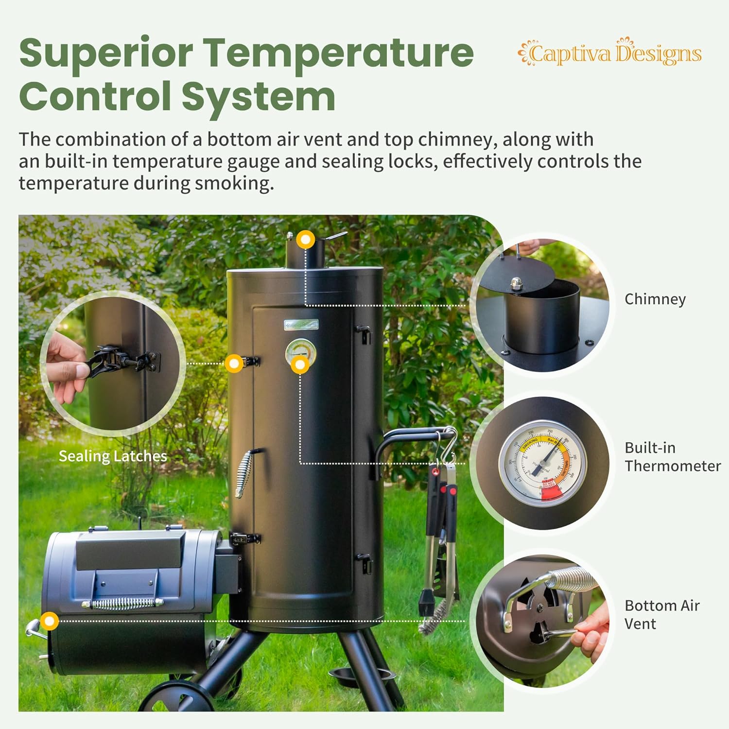 Captiva Designs Charcoal Vertical Smoker Grill and Offset Smoker Grill Combo, Extra Large Outdoor Barrel BBQ Meat Smoker Captiva Designs Charcoal Vertical Smoker Grill and Offset Smoker Grill Combo, Extra Large Outdoor Barrel BBQ Meat Smoker with 5 Removable Smoking Grates & Built-in Hooks for Various Meat Foods
