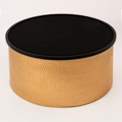 Modern Accent Cylindrical Round Coffee Table with Black Top and Hammered Gold Metal Base, Boho Contemporary Drum Cocktail Table, Glam Accent Center Table for Living Room and Family Room, Assembled