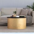 Modern Accent Cylindrical Round Coffee Table with Black Top and Hammered Gold Metal Base, Boho Contemporary Drum Cocktail Table, Glam Accent Center Table for Living Room and Family Room, Assembled