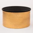 Modern Accent Cylindrical Round Coffee Table with Black Top and Hammered Gold Metal Base, Boho Contemporary Drum Cocktail Table, Glam Accent Center Table for Living Room and Family Room, Assembled