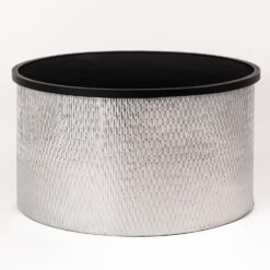 Modern Accent Cylindrical Round Coffee Table with Black Top and Hammered Gold Metal Base, Silver