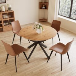 43.2"-59.1" Extendable Round Dining Table Set, Mid Century Modern Wooden Round Table, Leisure Oak Coffee Table,w/ 4 PU Leather Chairs