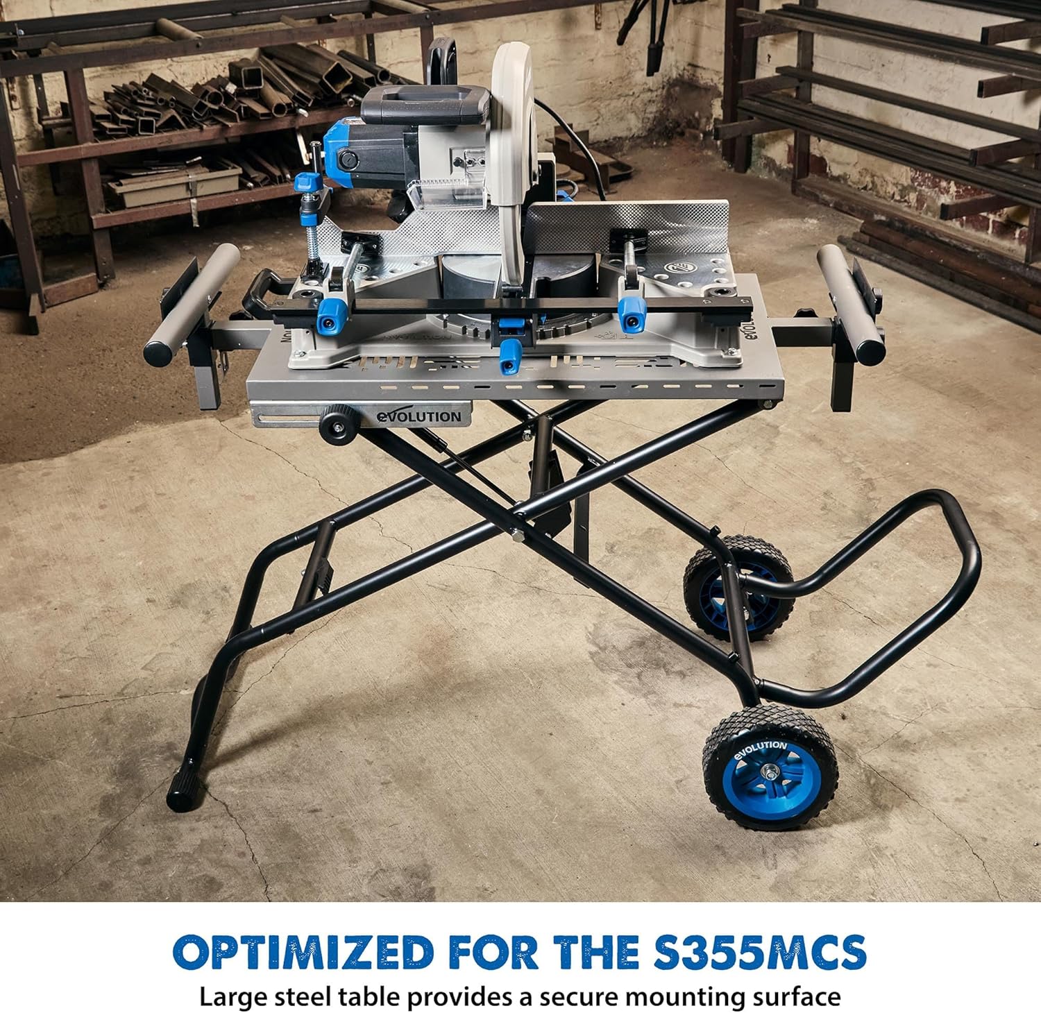 Evolution Power Tools, MCS Stand, Mitering Chop Saw Stand with Powerlift Assist Evolution Power Tools, MCS Stand, Mitering Chop Saw Stand with Powerlift Assist | Heavy-Duty Steel Frame, All-Terrain Wheels, Compatible with Evolution S355CPS, R355CPS, Gas-Strut Lift
