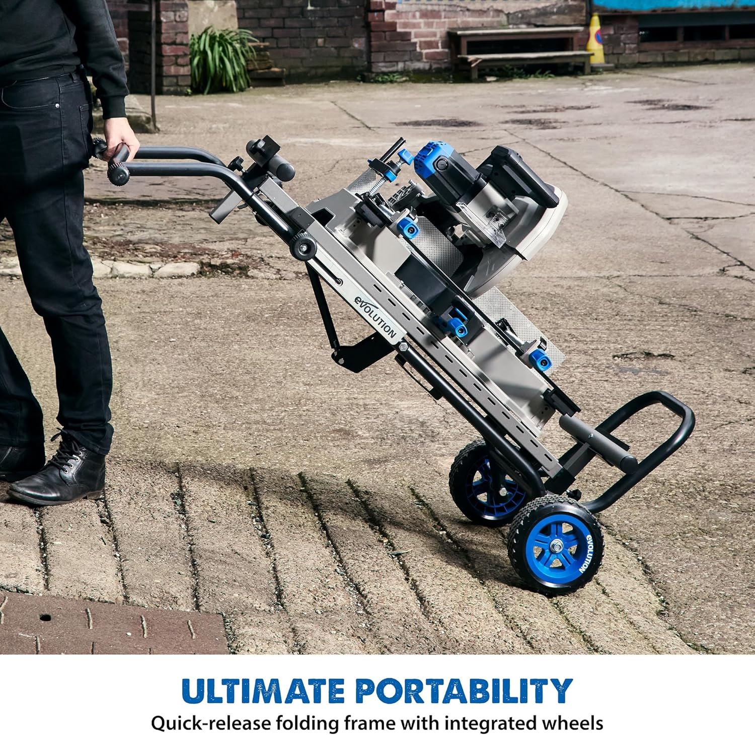 Evolution Power Tools, MCS Stand, Mitering Chop Saw Stand with Powerlift Assist Evolution Power Tools, MCS Stand, Mitering Chop Saw Stand with Powerlift Assist | Heavy-Duty Steel Frame, All-Terrain Wheels, Compatible with Evolution S355CPS, R355CPS, Gas-Strut Lift