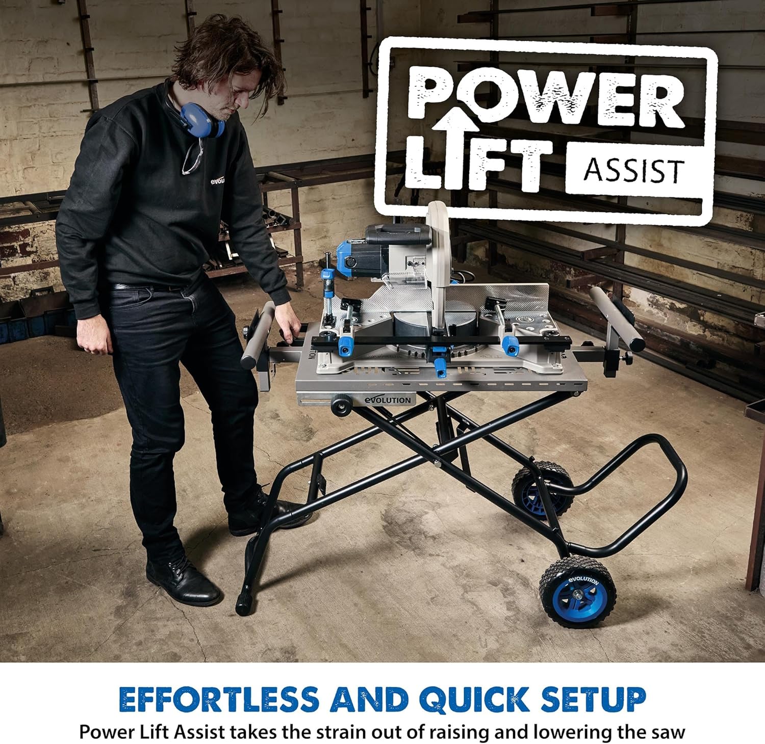 Evolution Power Tools, MCS Stand, Mitering Chop Saw Stand with Powerlift Assist Evolution Power Tools, MCS Stand, Mitering Chop Saw Stand with Powerlift Assist | Heavy-Duty Steel Frame, All-Terrain Wheels, Compatible with Evolution S355CPS, R355CPS, Gas-Strut Lift
