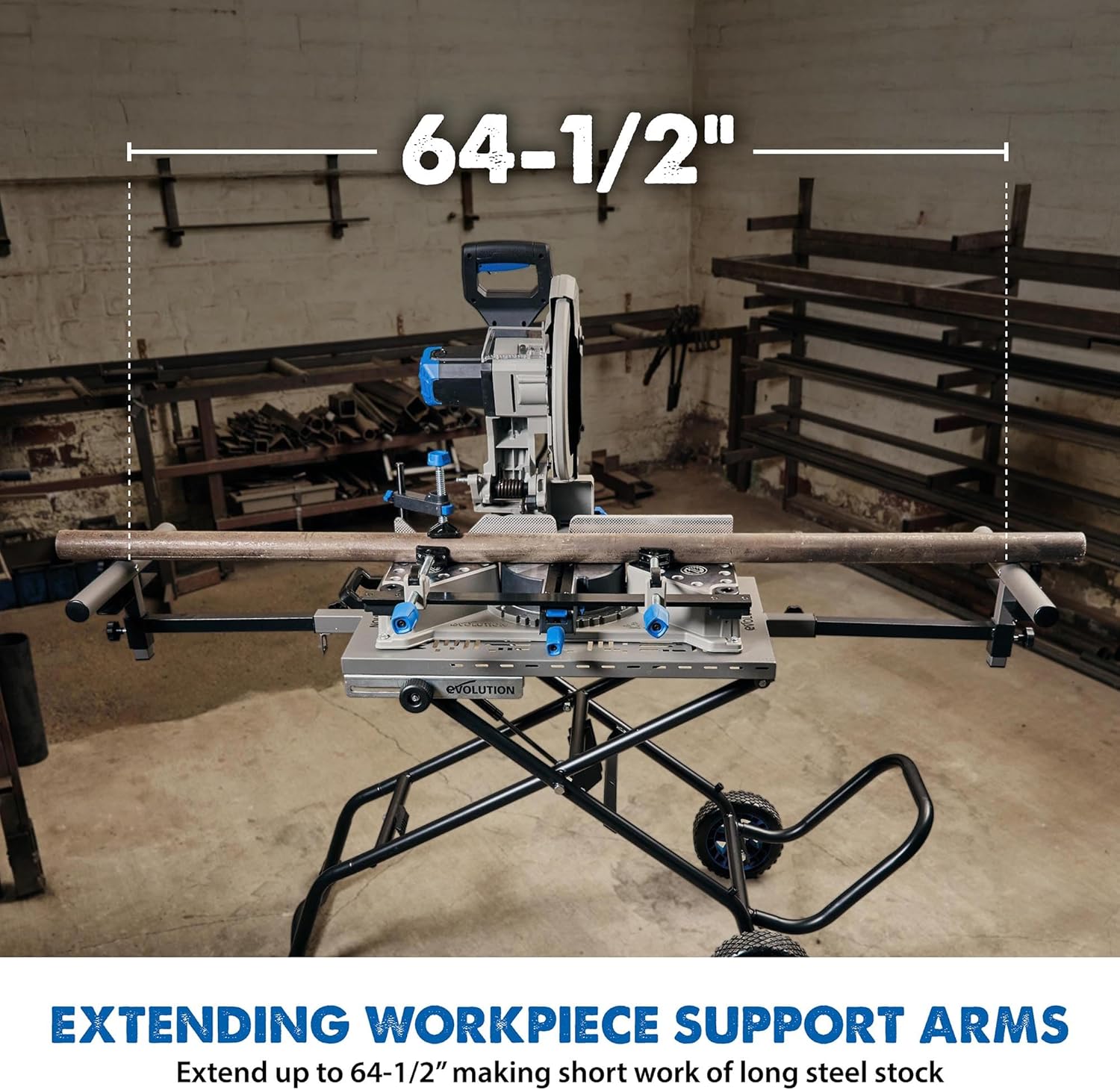 Evolution Power Tools, MCS Stand, Mitering Chop Saw Stand with Powerlift Assist Evolution Power Tools, MCS Stand, Mitering Chop Saw Stand with Powerlift Assist | Heavy-Duty Steel Frame, All-Terrain Wheels, Compatible with Evolution S355CPS, R355CPS, Gas-Strut Lift
