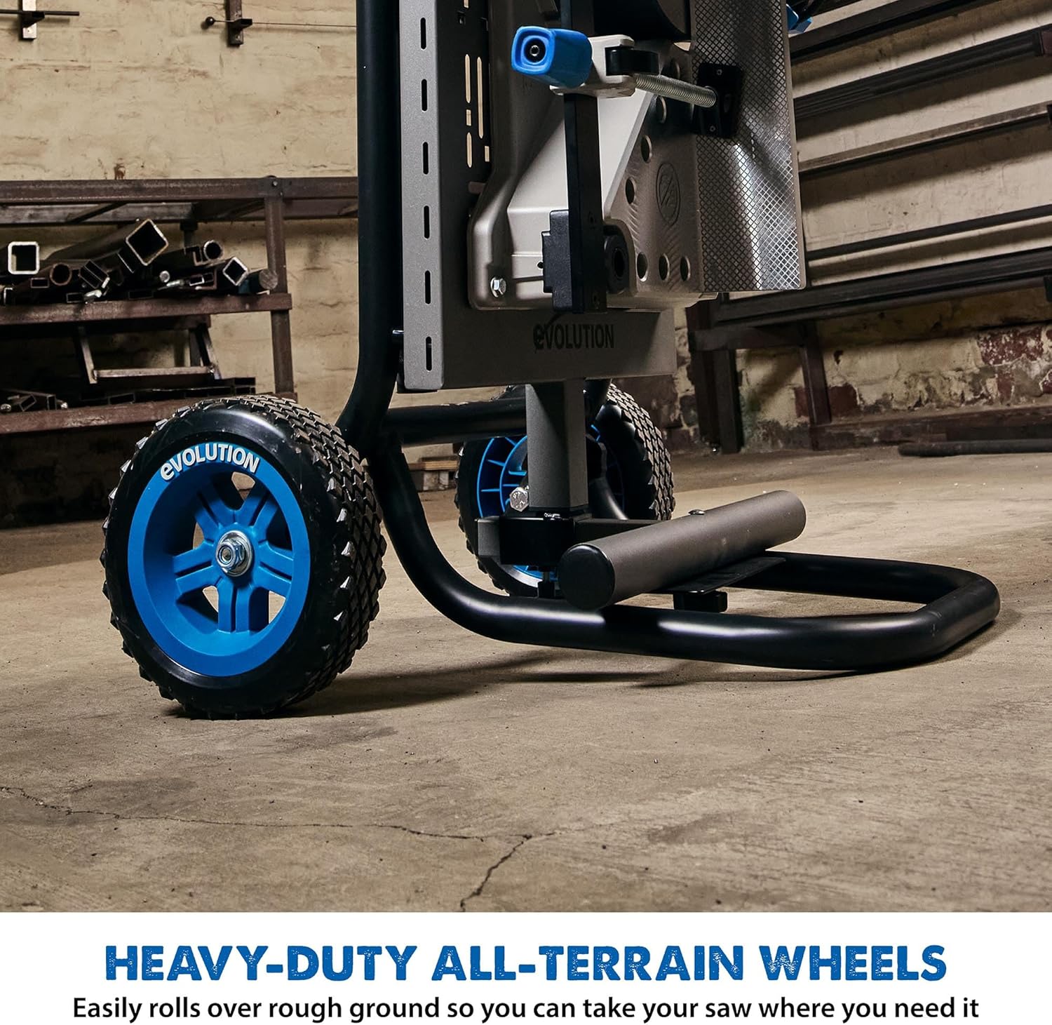 Evolution Power Tools, MCS Stand, Mitering Chop Saw Stand with Powerlift Assist Evolution Power Tools, MCS Stand, Mitering Chop Saw Stand with Powerlift Assist | Heavy-Duty Steel Frame, All-Terrain Wheels, Compatible with Evolution S355CPS, R355CPS, Gas-Strut Lift