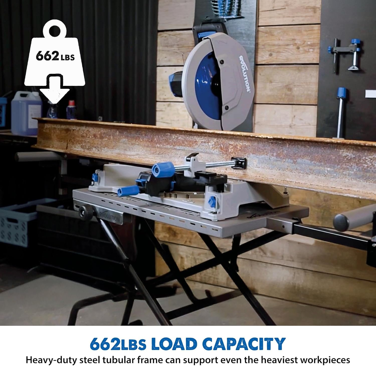 Evolution Power Tools, MCS Stand, Mitering Chop Saw Stand with Powerlift Assist Evolution Power Tools, MCS Stand, Mitering Chop Saw Stand with Powerlift Assist | Heavy-Duty Steel Frame, All-Terrain Wheels, Compatible with Evolution S355CPS, R355CPS, Gas-Strut Lift