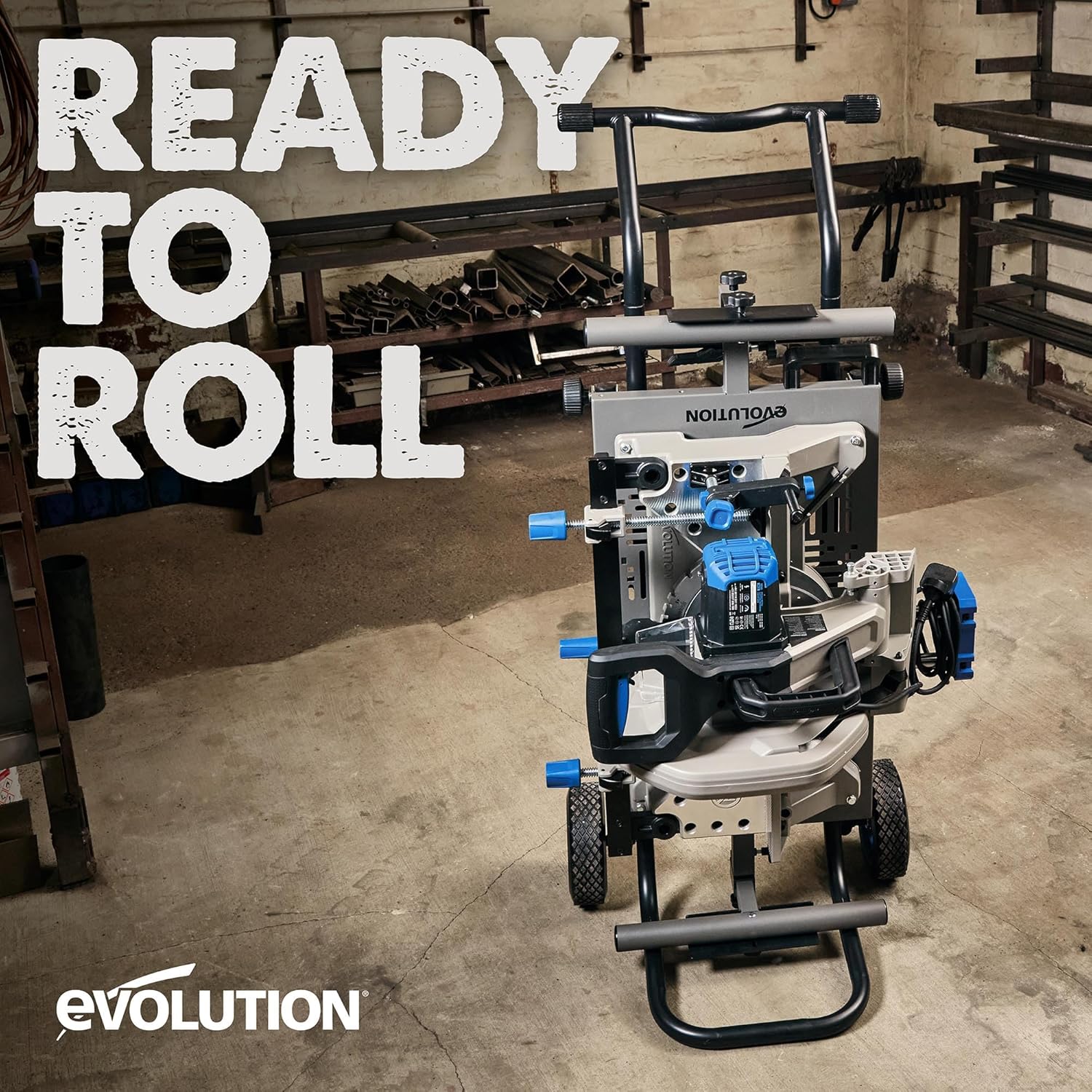 Evolution Power Tools, MCS Stand, Mitering Chop Saw Stand with Powerlift Assist Evolution Power Tools, MCS Stand, Mitering Chop Saw Stand with Powerlift Assist | Heavy-Duty Steel Frame, All-Terrain Wheels, Compatible with Evolution S355CPS, R355CPS, Gas-Strut Lift