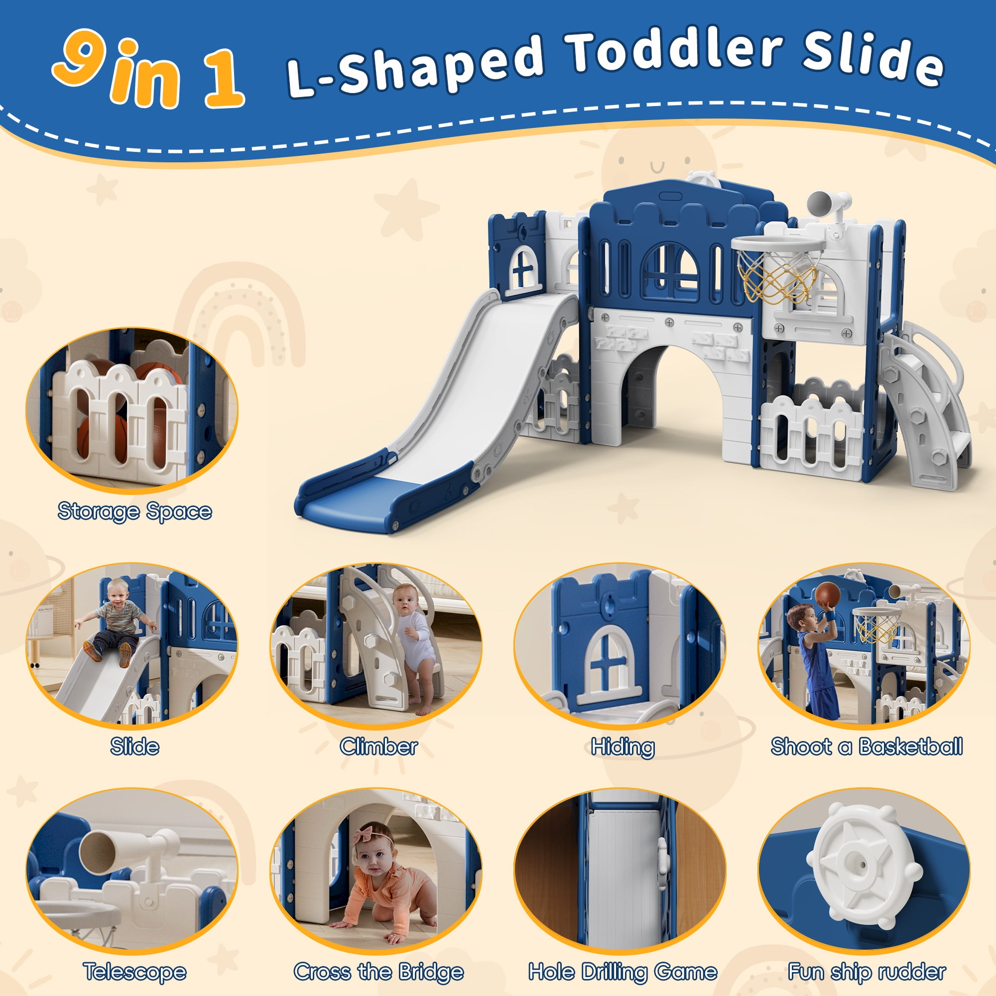 WFUN 9 in 1 Toddler Slide PlaySet for kids indoor/outdoor for Toddlers Age 1+, Blue & Gray WFUN 9 in 1 Toddler Slide PlaySet for kids indoor/outdoor for Toddlers Age 1+, Blue & Gray