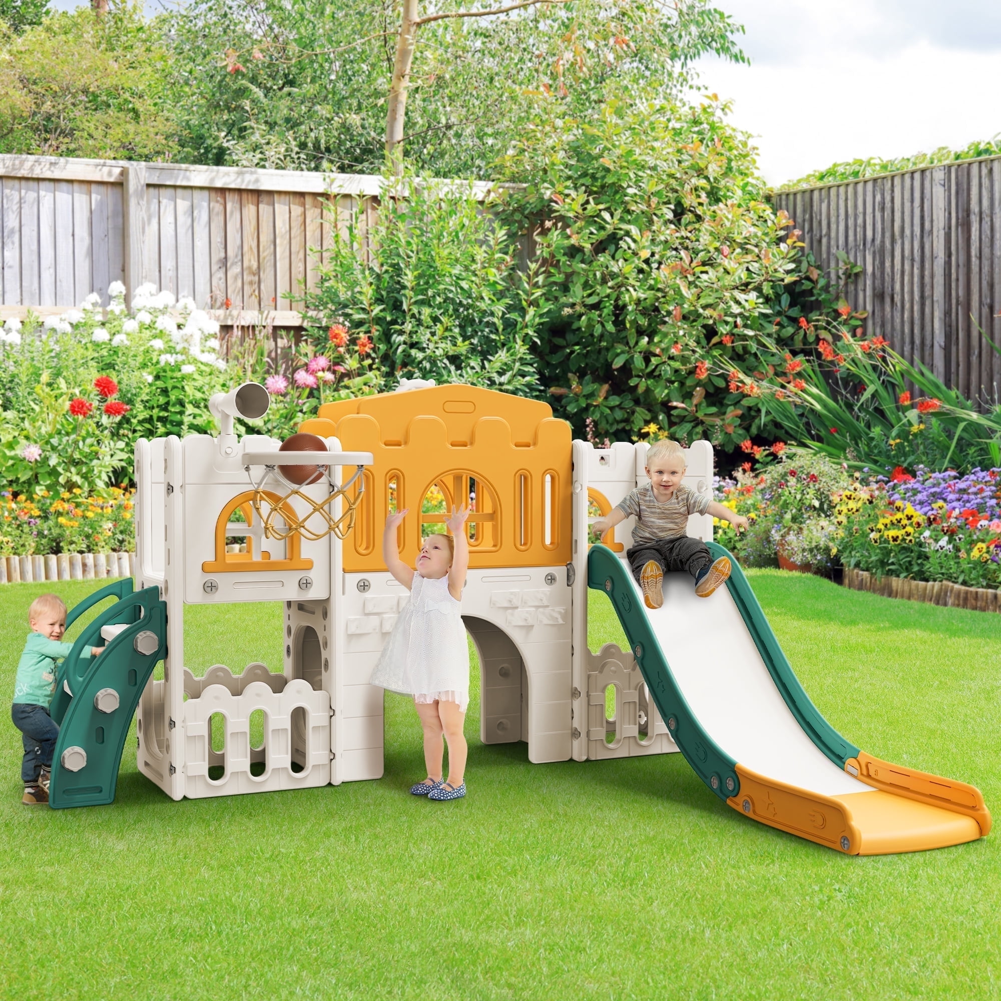 WFUN 9 in 1 Outdoor Freestanding Kids Slide Set for Toddlers Age 1+, Playground Set for Backyard, Yellow & Green WFUN 9 in 1 Outdoor Freestanding Kids Slide Set for Toddlers Age 1+, Playground Set for Backyard, Yellow & Green